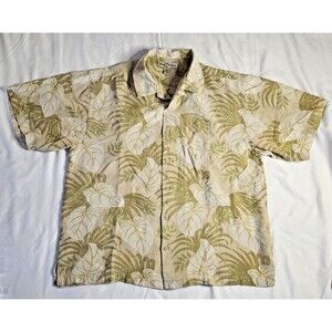 90s Vintage Tommy Bahama XL Silk Hawaiian Shirt Green Yellow Beige Leaf Print